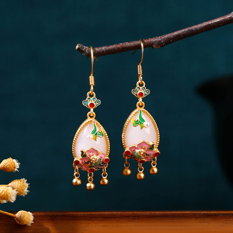 Gold Plated Jewelry - Natural Jade Flower Earrings Charm Amulet