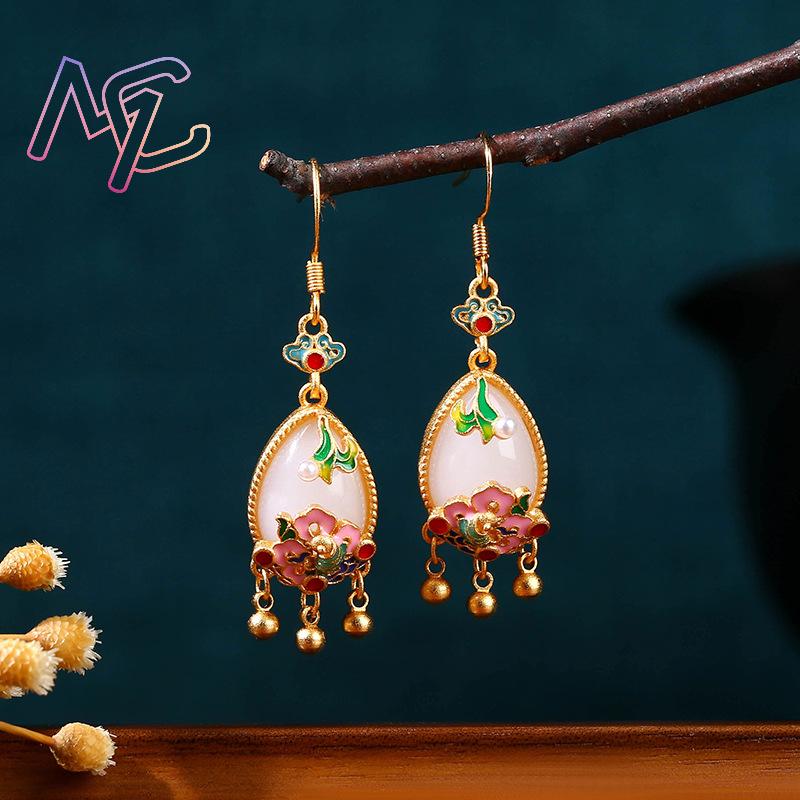 Natural Jade Flower Earrings C - огляд і ціна Gold Plated Jewelry